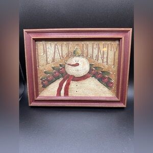 David Harden Primitive Winter Snowman Peace and Plenty Red Framed Print